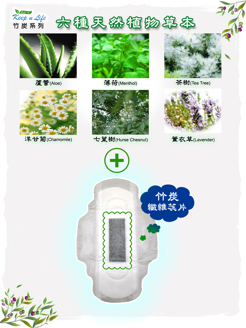 Keep u Life竹炭系列-六種天然植物草本：蘆薈、薄荷、茶樹、洋甘菊、七葉樹、薰衣草+竹炭纖維蕊片